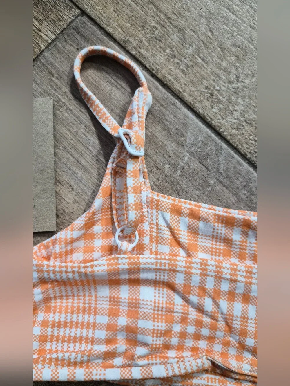 Nwt Stone Fox Swim Mini Girls Orange And White Plaid Bikini Top Size 5T